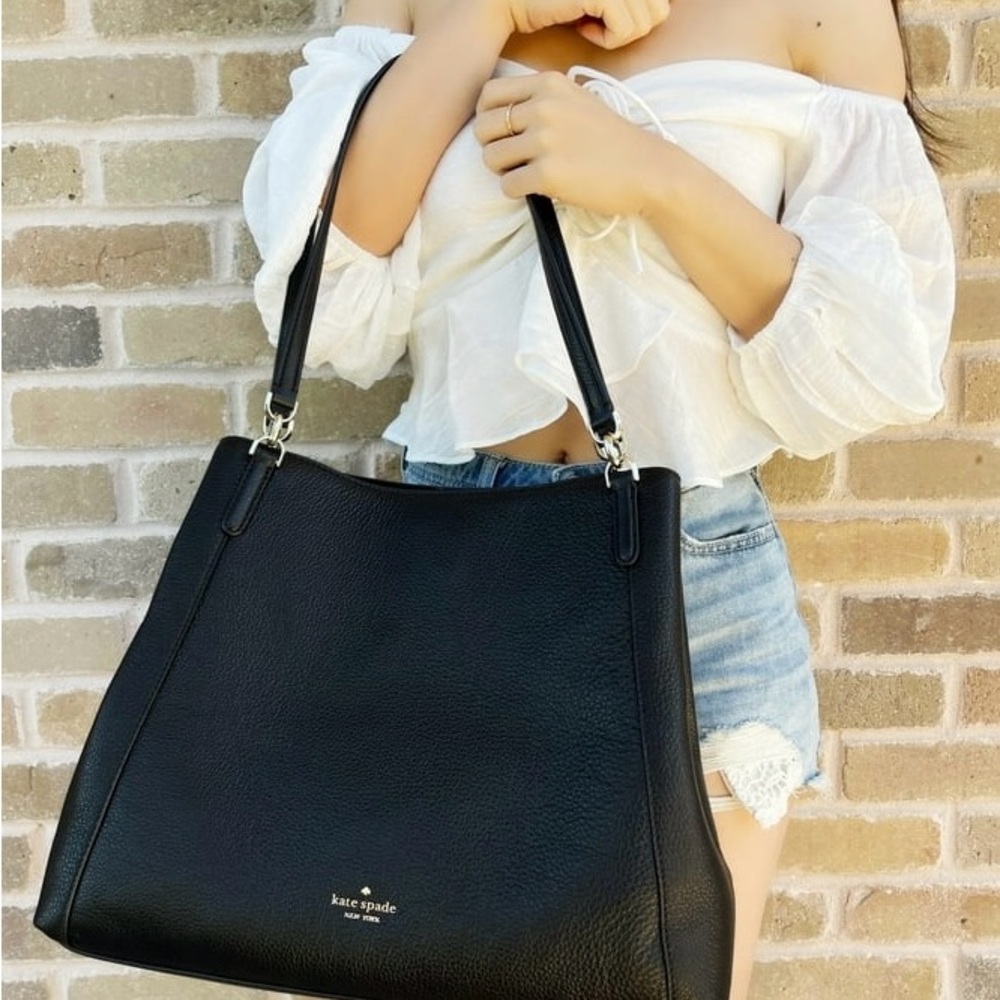 Kate Spade Large Triple Compartment Shoulder Bag Tote Pebble Black Leather - Picture 3 of 11